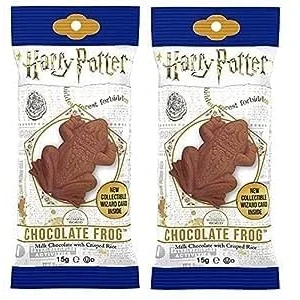 Abbildung von Jelly Belly Harry Potter Schokofrosch 2er Pack (2x15g) mit Sammelkarte von berühmten Hexen und Zauberern, Milchschokolade Puffreis