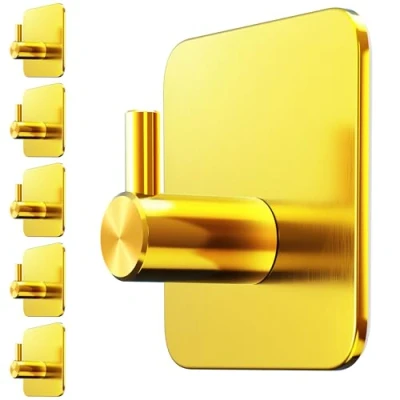 Abbildung von Menz Handtuchhalter ohne Bohren, 6 Haken im Set, golden Wasserfeste Klebehaken, Edelstahl Handtuchhaken für Bad, hochwertige selbstklebend, Badezimmer mit hoher Tragkraft