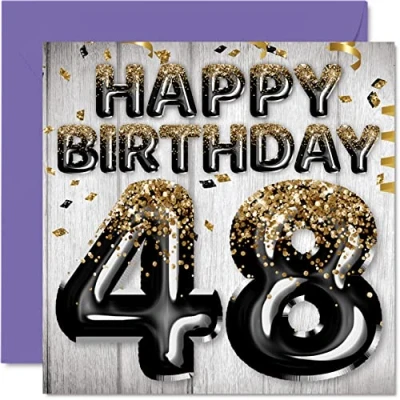 Abbildung von Geburtstagskarte zum 48. Geburtstag für Männer schwarze und goldene Glitzerballons Happy Karten 48 Jahre alten Mann Papa Cousin Freund Bruder Onkel 145 mm vierzig achtig Grußkarten Geschenk