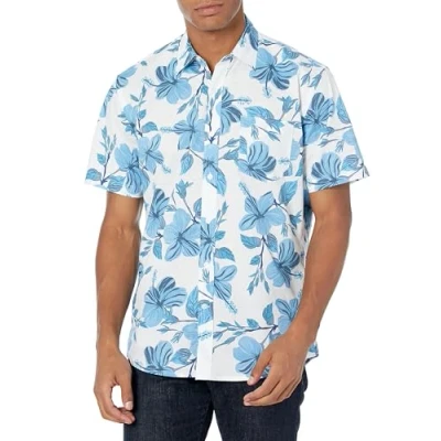 Abbildung von Amazon Essentials Herren Kurzärmeliges Hemd mit Aufdruck, Normale Passform, Blau Blumenaufdruck, XL