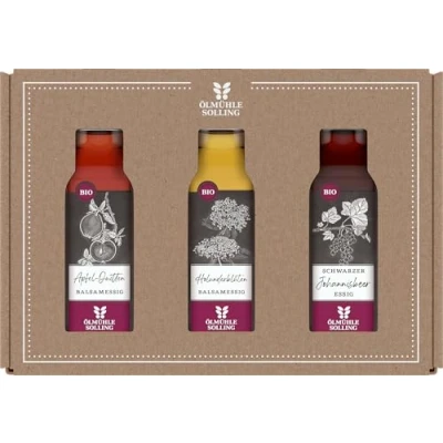 Abbildung von Ölmühle Solling Set Fruchtessige, BIO, Holunderblütenbalsamessig Apfelquittenessig schwarzer Johannisbeeressig, 1er Pack (1 x 300 ml)