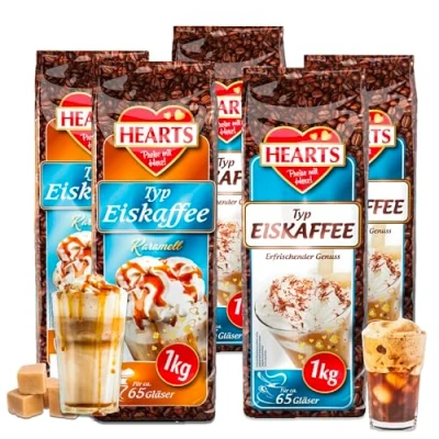 Abbildung von HEARTS Eiskaffee Pulver 20 x 1kg, Vorteilspackung (10 Klassik und 10 Karamell) Perfekt für Tankstellen, Bäckerei, Hotels, Resorts usw. lnstant Kaffeepulver Sommergetränk Sommer