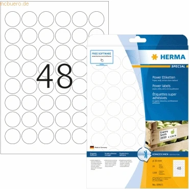 Abbildung von HERMA Etiketten weiß 30 mm rund Power A4 VE=1200 Stück