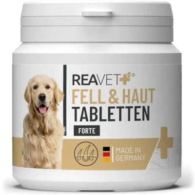 Abbildung von ReaVET Fell &amp; Haut Tabletten Hunde 120 Stück sekundierend bei Fellproblemen, Dermatose Haarausfall Hund, für Hunde, Unterstützung der Hautfunktion