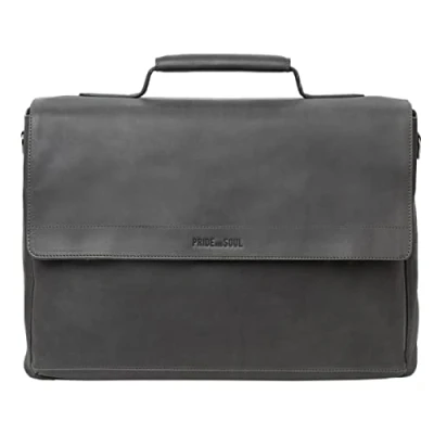 Abbildung von Pride and Soul 47261 Laptoptasche Percent, Notebooktasche für 15&quot; Laptops, Umhängetasche aus Echt Leder, Tasche Büro und Freizeit, Schultertasche ca. 28 x 39 12 cm, Grau