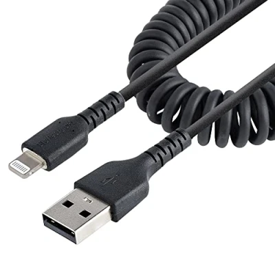 Abbildung von StarTech.com 1m USB auf Lightning Kabel, Spiralkabel, MFi zertifiziert, Schnellladekabel für iPhone/iPad, Schwarz, robuster TPE Mantel mit Aramidfaser, 2.0 Kabel (RUSB2ALT1MBC)