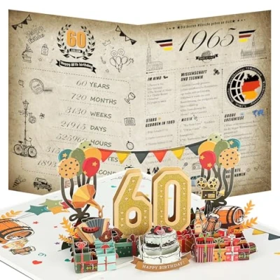 Abbildung von Joyoldelf 60. Geburtstagskarte, 1965 Jahrgang Zeitung Geburtstag Karte, 3D Pop Up Grußkarten mit Umschlag, Vintage Geschenke für Mann und Frau