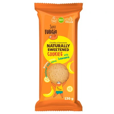 Abbildung von SUPER FUDGiO BIO Banana Kekse Organic Vegane Cookies natürlich gesüßt mit Agave ohne Palmöl gesundes Naschen Geschmack: