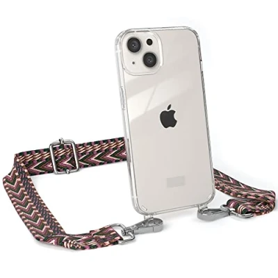 Abbildung von EAZY CASE Handykette Einstellbarer Trageriemen kompatibel mit iPhone 13, Schulterriemen, Riemen, Hülle aus Silikon, DIY Kettenkombination, Beere/Rosa Metall Silber