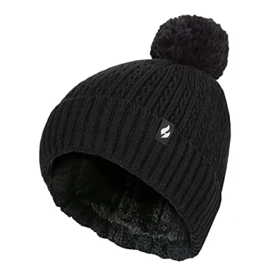Abbildung von HEAT HOLDERS Damen Thermo Mütze mit Zopfmuster Winter Gestrickt Bommelmütze Weiche Gerippte Pom (Einheitsgröße, Schwarz)