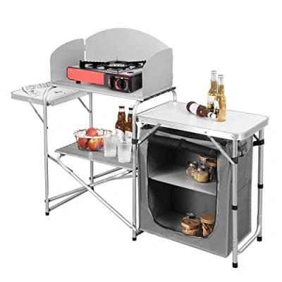 Abbildung von WOLTU faltbar Campingschrank Campingküche inkl.Tragetasche mit Aluminiumgestell Reiseküche tragbar/klappbar Outdoor Campingmöbel aus Alu und MDF für Picknick Strand im Freien, Weiß+Grau, CPT8140wgr