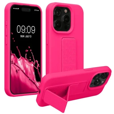 Abbildung von kwmobile Handyhülle kompatibel mit iPhone 15 Pro Max Hülle Fingerhalter und Standfunktion Silikon Case Handy Cover in Neon Pink