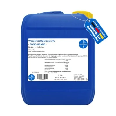 Abbildung von Wasserstoffperoxid 3% FOOD GRADE I 5 Liter stabilisiert Kanister Pharmazentralnummer 16569647 Herrlan Qualität Made in Germany