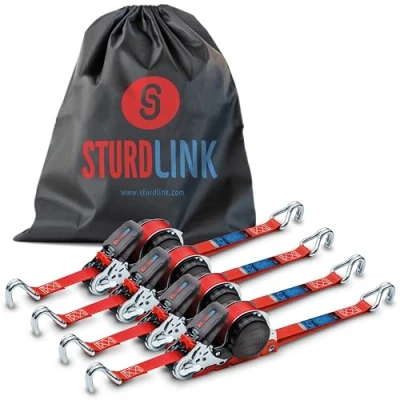 Abbildung von Automatik Spanngurt 5m 25mm mit J Haken 350kg/700kg Set von 4 Spanngurte Selbstaufrollend Automatischer Spanngurtwickler/Spanngurtaufroller Zurrgurt für LKW Anhänger Nutzfahrzeug SUV EN 12195 2