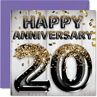 Abbildung von Tolle Porzellan Jubiläumskarte für Ehemann Freund Ehefrau Freundin schwarz goldene Glitzer Luftballons Happy 20th Anniversary Cards from Family 145 mm x Grußkarten 20. Jubiläen