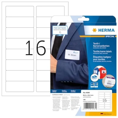 Abbildung von HERMA 4588 Namensetiketten ablösbar, 320 Blatt, 88,9 x 33,8 mm, 16 pro A4 Bogen, 5120 Stück, selbstklebend, bedruckbar, rückstandsfrei abziehbare Acetatseide Namensaufkleber Etiketten, weiß