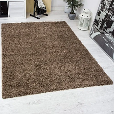 Abbildung von VIMODA Prime Shaggy Teppich Hochflor Langflor Teppiche Modern für Wohnzimmer Schlafzimmer Einfarbig Nougat Hellbraun 120x170 cm