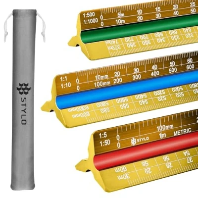 Abbildung von 30 cm Aluminium Architektonisches Lineal, dreieckig, Metrische Skalen 1:20, 1:25, 1:50, 1:75, 1:100, 1:125, Ideal für Architekten, Studenten, Zeichner, Ingenieure (Gelb, Einheiten)