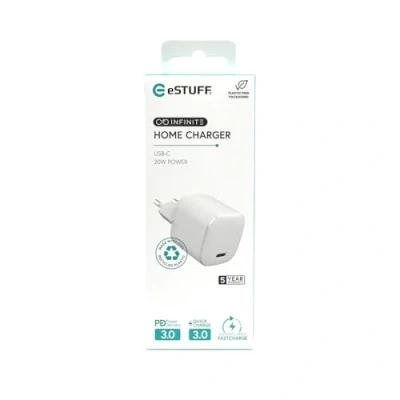 Abbildung von eSTUFF Infinite USB C Charger EU PD 20W. 1 x C. White, W127225410 (20W. White. Recycled Plastic)