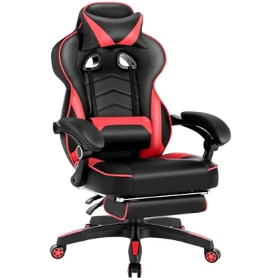 Abbildung von WOLTU Gaming Stuhl, PU Leder Bürostuhl Chair Ergonomisch mit Lendenkissen, Gamer Stuhl Racing PC Drehstuhl Fußstütze &amp; große Rückenlehne Sitzfläche für Personen Schwarz+Rot