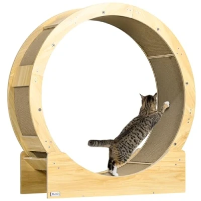 Abbildung von PawHut Kratzbaum Katzenlaufrad, Laufrad mit Bremse, Kratzbrett, Katzenrad, für gesunde Bewegung, Entspannung, Eiche