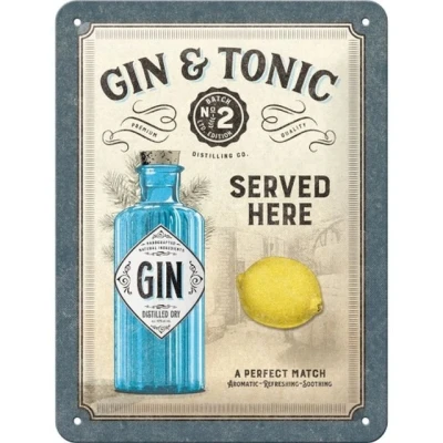 Abbildung von Nostalgic Art Retro Blechschild, 15 x 20 cm, Gin &amp; Tonic Served Here Geschenk Idee als Bar Zubehör, aus Metall, Vintage Design