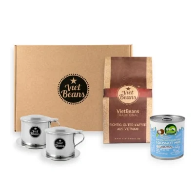 Abbildung von VietBeans Kaffee Probierset &quot;Frühstück zu zweit&quot; 250g gemahlen + 2 x wieder verwendbarer Edelstahlfilter (Phin) Kondensmilch vegan