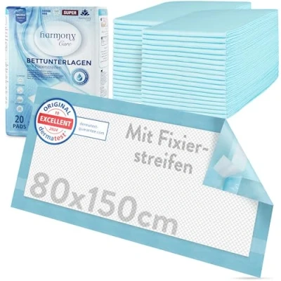 Abbildung von Inkontinenzauflage Bettunterlage mit Fixierstreifen, saugstarke Krankenunterlagen Harmony Care, rutschfeste Inkontinenzunterlagen einweg Nässeschutzauflage