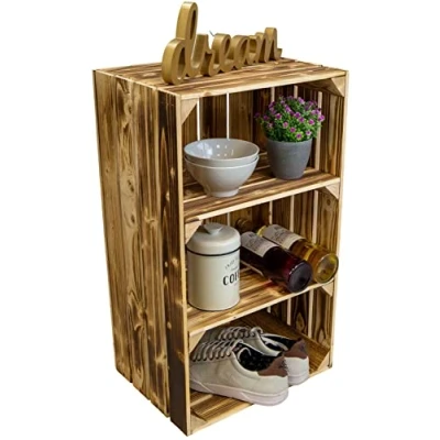 Abbildung von hohe Holzkiste &quot;Willi&quot; mit zwei kurzen Einlageböden / Zwischenbrettern 68x40x30cm HxBxT Schuhregal Bücherregal Nachttisch Weinregal Regalkiste Apfelkiste Weinkisten (1er Set, geflammt)