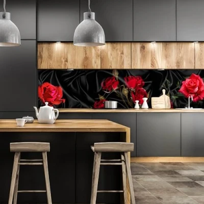 Abbildung von wandmotiv24 Küchenrückwand Rosen Rot Schwarz Tuch Seide 240 x 60cm (B H) Selbstklebende PET Folie Nischenrückwand, Spritzschutz, Fliesenspiegel Ersatz, Deko Küche M1078