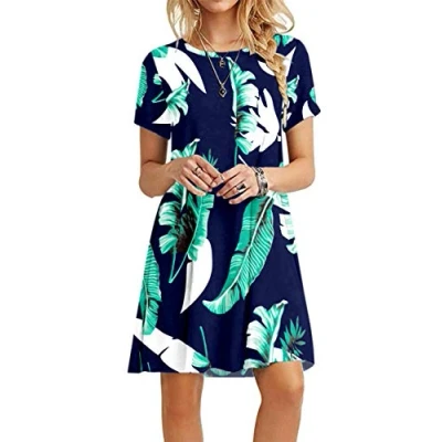 Abbildung von MOLERANI Damen Sommerkleider Casual T Shirt Kurzarm Strandkleid Loose Swing Damenkleid Print Blau XL