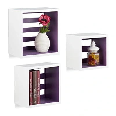 Abbildung von Relaxdays Hängeregale Cube, Wandregal 3er Set, quadratische Würfel Regale für Wand, schwebende Regale, MDF, weiß/violett