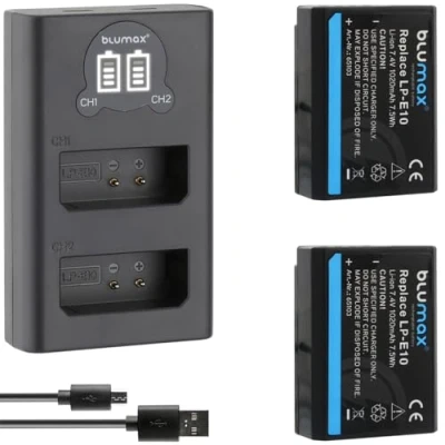 Abbildung von Blumax 2X Akku 1020mAh LP E10 kompatibel mit Canon EOS 2000D 1300D 1200D 1100D 4000D + Slim Dual Ladegerät LPE10 LC E10E