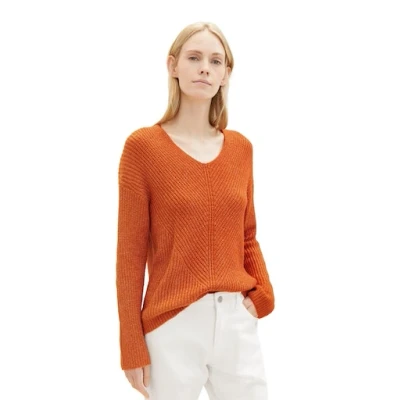 Abbildung von TOM Tailor V NECK Strickpullover, Damen, Größe: Small, Gold flame orange melange