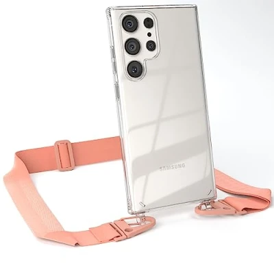 Abbildung von EAZY CASE Hülle mit Band kompatibel Samsung Galaxy S23 Ultra Handyhülle Umhängeband für Silikonhülle Transparent Schutzhülle Handykette zum Umhängen Handykordel Rosa Coral