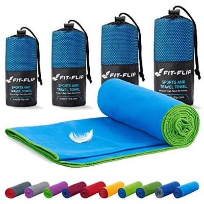 Abbildung von Fit Flip Mikrofaser Handtuch kompakt, leicht und schnelltrocknend Microfaser Handtücher als Reisehandtuch, Sporthandtuch, Strandtuch Badetuch groß (50x110cm, Blau mit Grünen Rand)