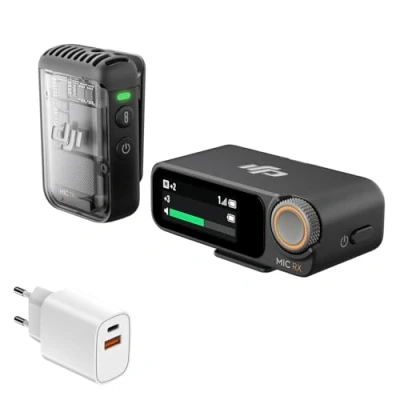 Abbildung von DJI Mic 2 (1 Sender + 1 Empfänger), kabelloses Mikrofon mit intelligenter Rauschunterdrückung, interne 32 Bit Float Aufnahme, optimierter Sound, 250 m Reichweite, 67W Ladegerät