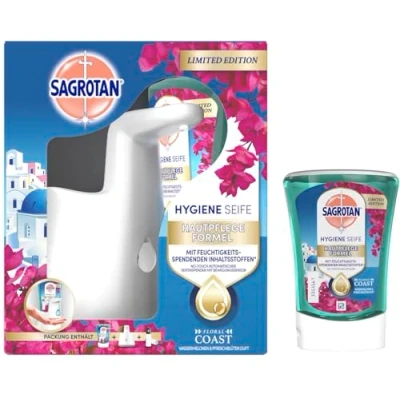Abbildung von Sagrotan No Touch Hygiene Seife Starter Set Paket inklusive 1 Gerät &amp; 2x250ml Floral Coast Summer Limited Edition Nachfüller