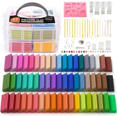 Abbildung von Shuttle Art Polymer Clay, 57 buntes Weich Ton Set, 1,55 kg/ 3,4 lb, ofenhärtende Modelliermasse Backknete, ausgestattet mit 19 Schnitzwerkzeugen und 10 Zubehörteilen, nicht klebrig, ungiftig