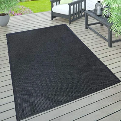 Abbildung von Paco Home Outdoor Teppich wetterfest für Garten, Terrasse &amp; Balkon flachgewebt in Moderner Sisaloptik einfarbig pflegeleicht UV beständig, Grösse:120x160 cm, Farbe:Navy Blau