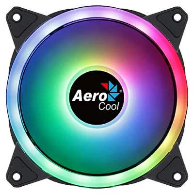 Abbildung von Aerocool Duo 12 PC Fan 120mm with Double Ring RGB LED Lighting and 28 LEDs, Includes a 6 Pin Connector, Curved Blades Anti Vibration Pads, ARGB hub Compatible, 1000 RPM, Single Fan, Black