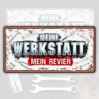 Abbildung von AV Andrea Verlag Großes Metallschild Blechschild Meine Werkstatt Mein Revier II neu Für Männer Handwerker als Geschenk rostfrei Türschild Schild mit lustigem Spruch im Vintage Retro Look
