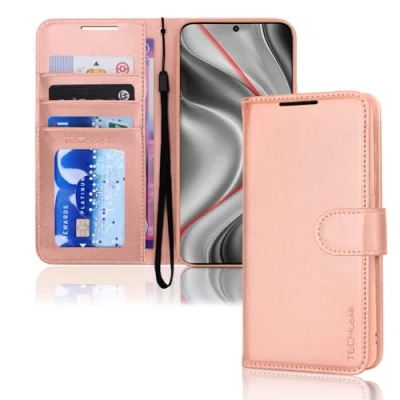 Abbildung von TECHGEAR Galaxy S24 5G Leder Hülle, PU Flip Case Schutzhülle Ledertasche [Brieftasche] Handyhülle mit Ständer und Handschlaufe Beutel Hülle Kompatibel Samsung Roségold