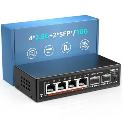 Abbildung von 6 Port 2.5G Umanaged Ethernet Switch, 4 x Base T Ports, 2 10G SFP, 100/1000/2500M Kompatibel, Metall Lüfterlos, Desktop/Wandmontage YuanLey 2.5Gbe Netzwerk Switch für Wireless AP, NAS, PC