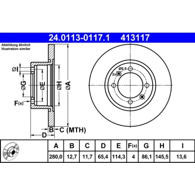 Abbildung von ATE 24.0113 0117.1 Bremsscheibe 280,0 12,7 4 114,3 voll SAAB: 900 I Combi Coupe, 99