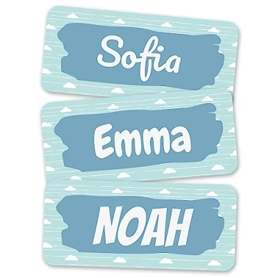 Abbildung von melu kids® Personalisierte Namensaufkleber Kinder Kleidung &amp; Sonstiges (50 Stück) Kita/Schule Namensschilder waschmaschinenfest und personalisiert (Wolken)