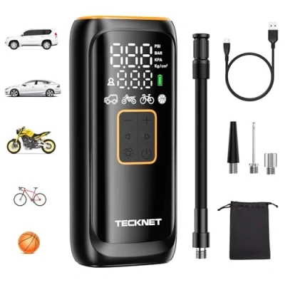Abbildung von TECKNET Akku Kompressor 6000mAh, Elektrische Luftpumpe 150 PSI, Fahrradpumpe Elektrisch, Luftkompressor mit Manometer für Autos, Fahrräder, Motorrad, Bälle, Powerbank und Taschenlampe Funktion