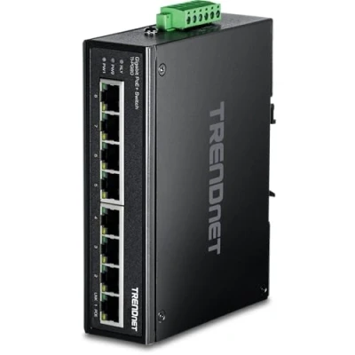 Abbildung von TRENDnet TI PG80 8 Port gehärteter industrieller, nicht verwalteter Gigabit PoE + DIN Schienen Switch, 200 W Full Leistungsbudget, IP30 Netzwerk Switch