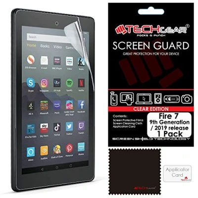 Abbildung von TECHGEAR Displayschutz für Amazon Fire 7 Tablette &amp; Kids Edition (2019 Veröffentlichungs / 9. Generation) Ultra Klare Schutzfolie mit Reinigungstuch + Applikationskarte