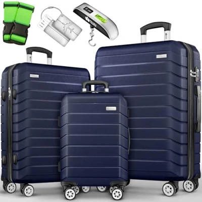 Abbildung von tillvex® Reisekoffer Set 3 TLG. + Gepäckwaage, 6X Koffergurte &amp; 3X Kofferanhänger Kofferset 4 Rollen Trolley Gepäck Koffer TSA Schloss Rollkoffer Hartschalenkofferset S M L XL (Navyblau)